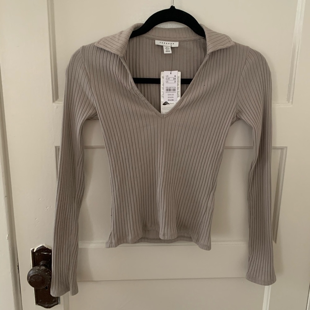 Topshop Taupe Ribbed Long Sleeve Collared Shirt